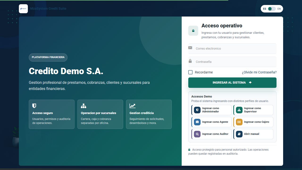 Acceso, idioma y modo demo